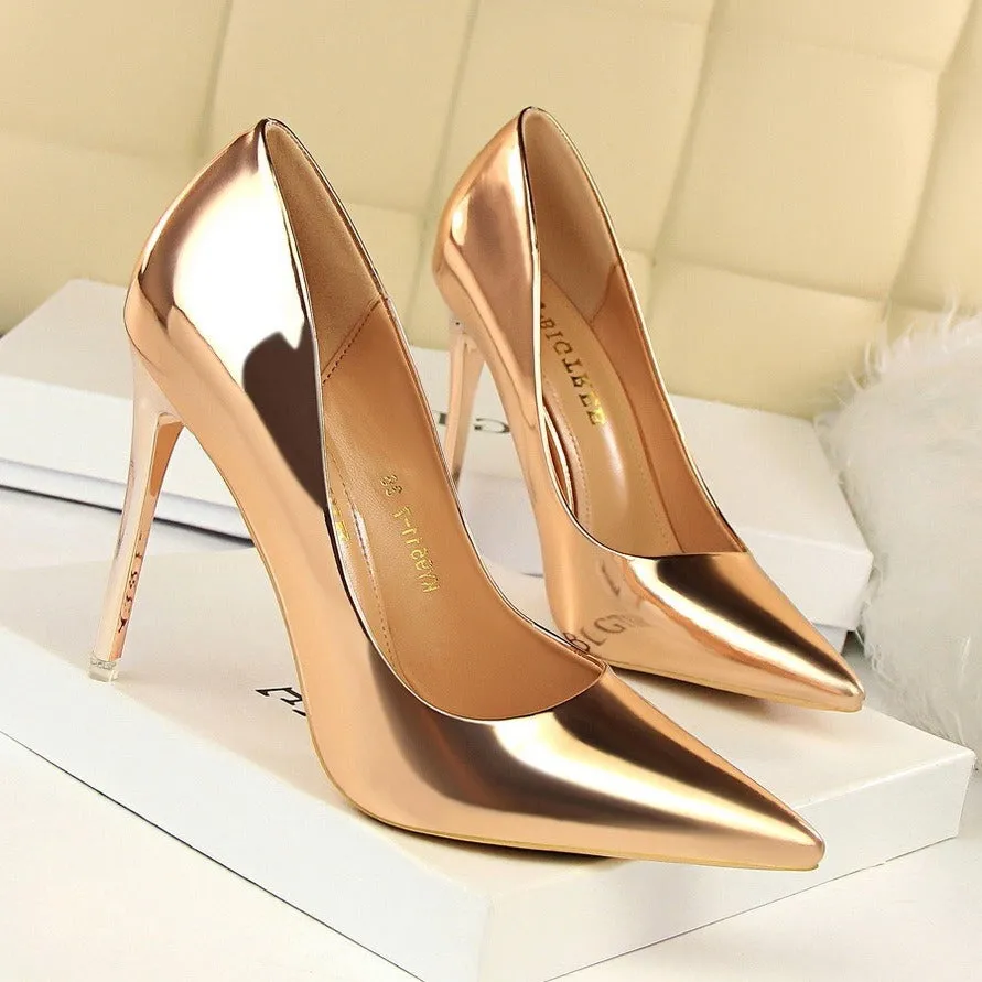 -European and American style fashion metal heel high heels women's shoes high heels shallow mouth pointed toe sexy nightclub slimming shoes