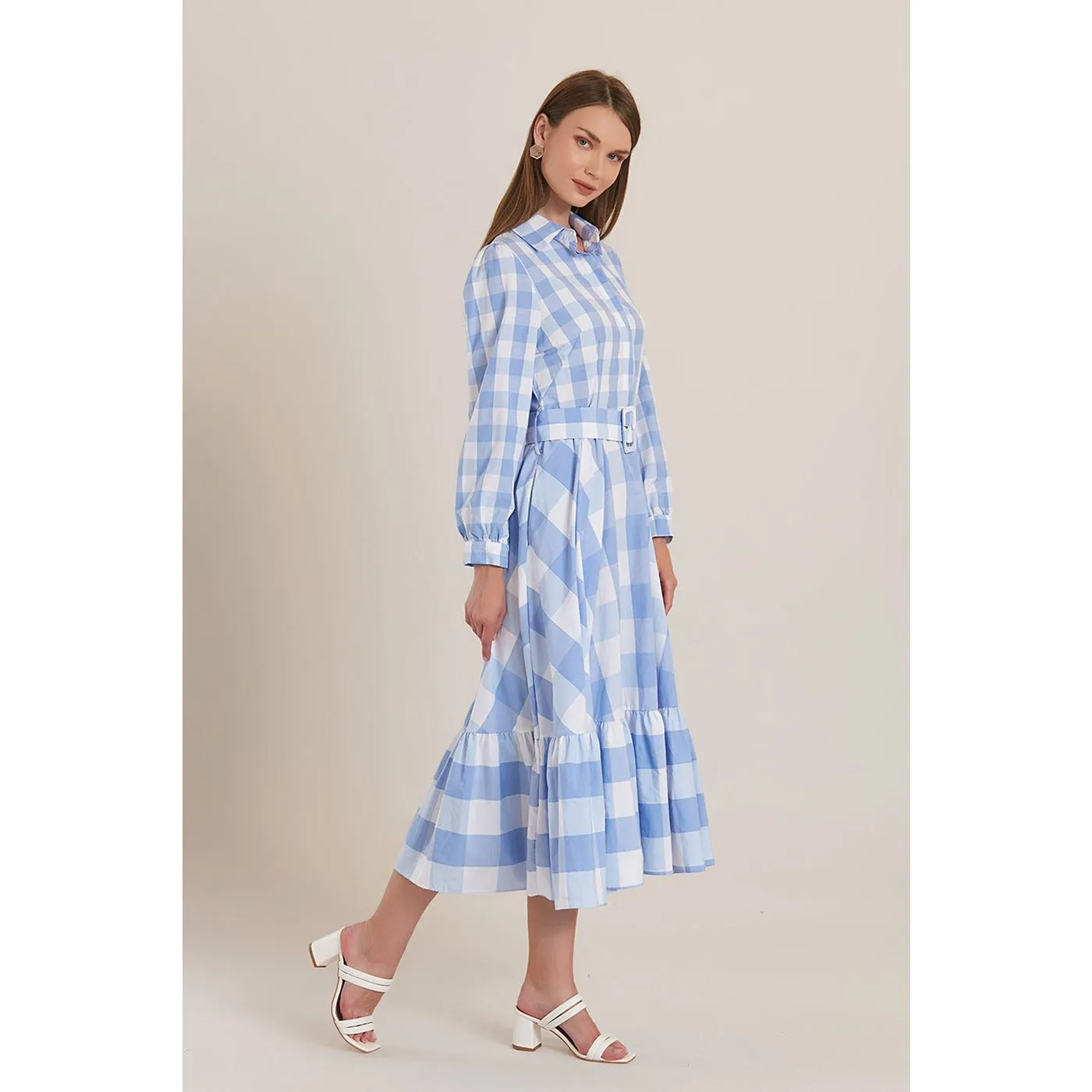 Blue Plaid Belted Long Dress