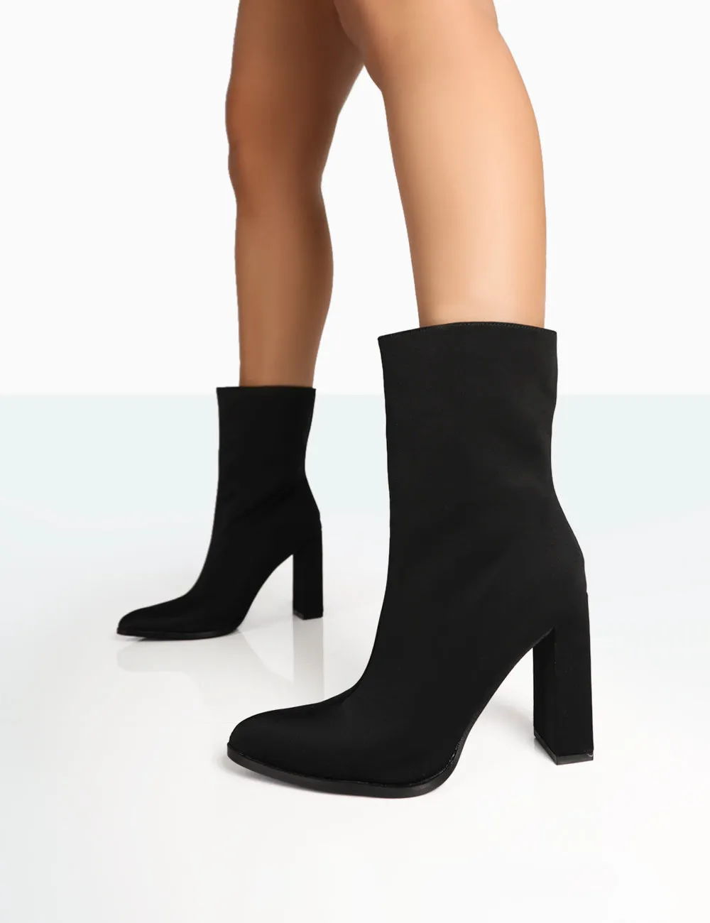 Bridget Black Nylon Pointed Toe Block Heeled Ankle Boots