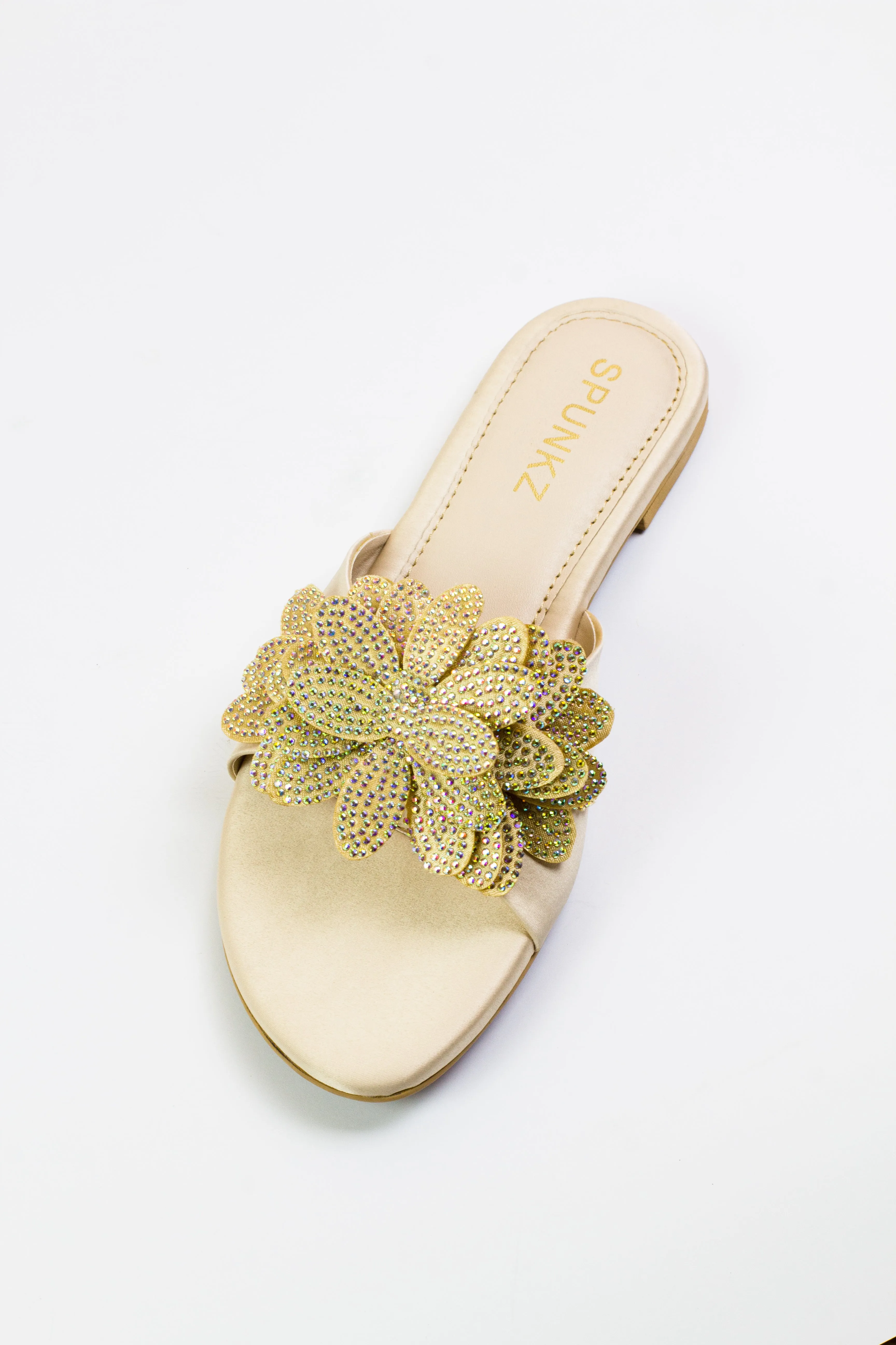 Melena shiny Diamante Blinky Flower Beige Flat Slides