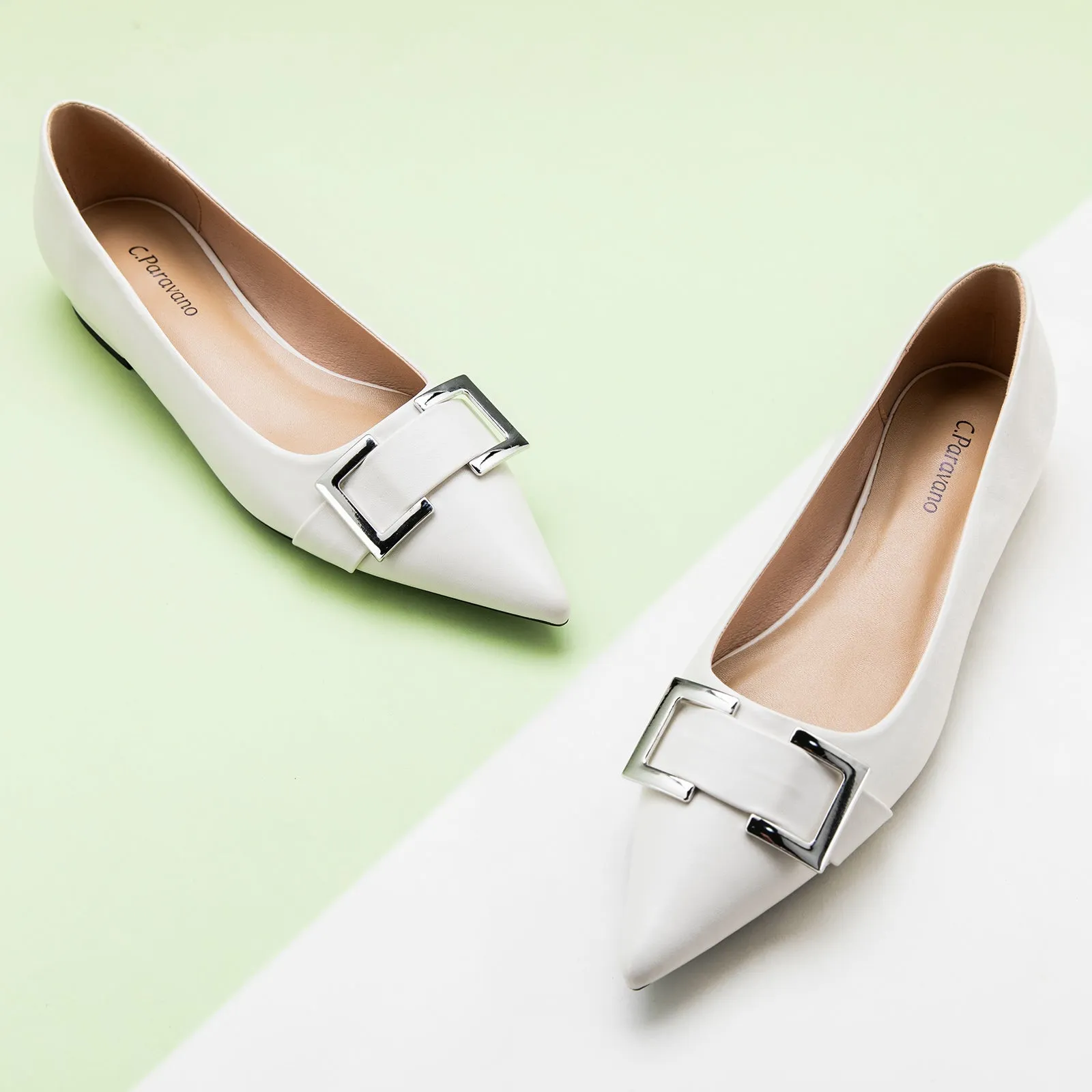 Metal Buckle Flats (Aida) White