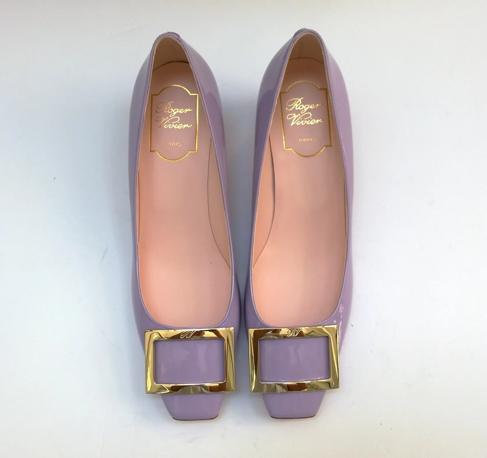 Roger Vivier Trompette 45 Baby Purple Lavender Patent Leather Block Heels Kitten Shoes