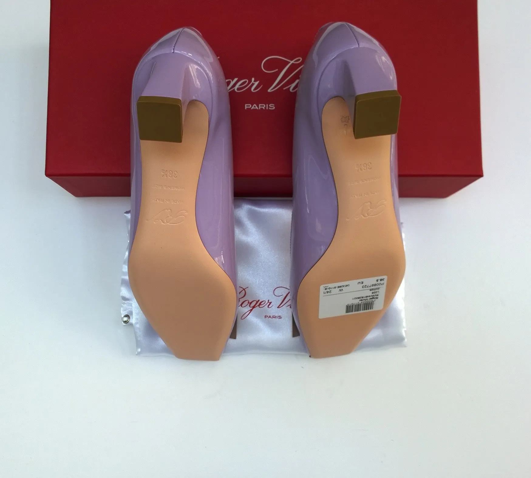 Roger Vivier Trompette 45 Baby Purple Lavender Patent Leather Block Heels Kitten Shoes