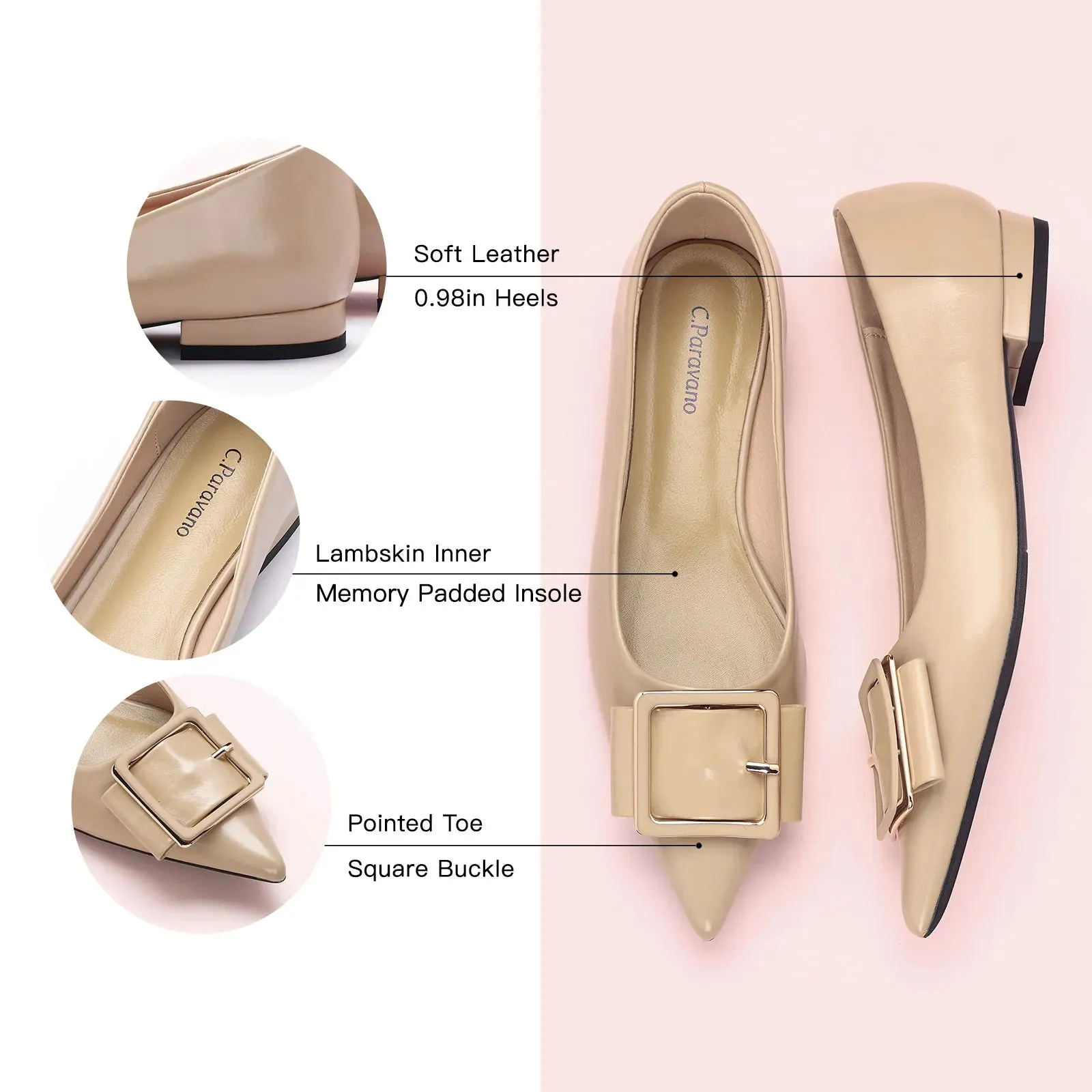 Square Buckle Flats (Aida) Beige