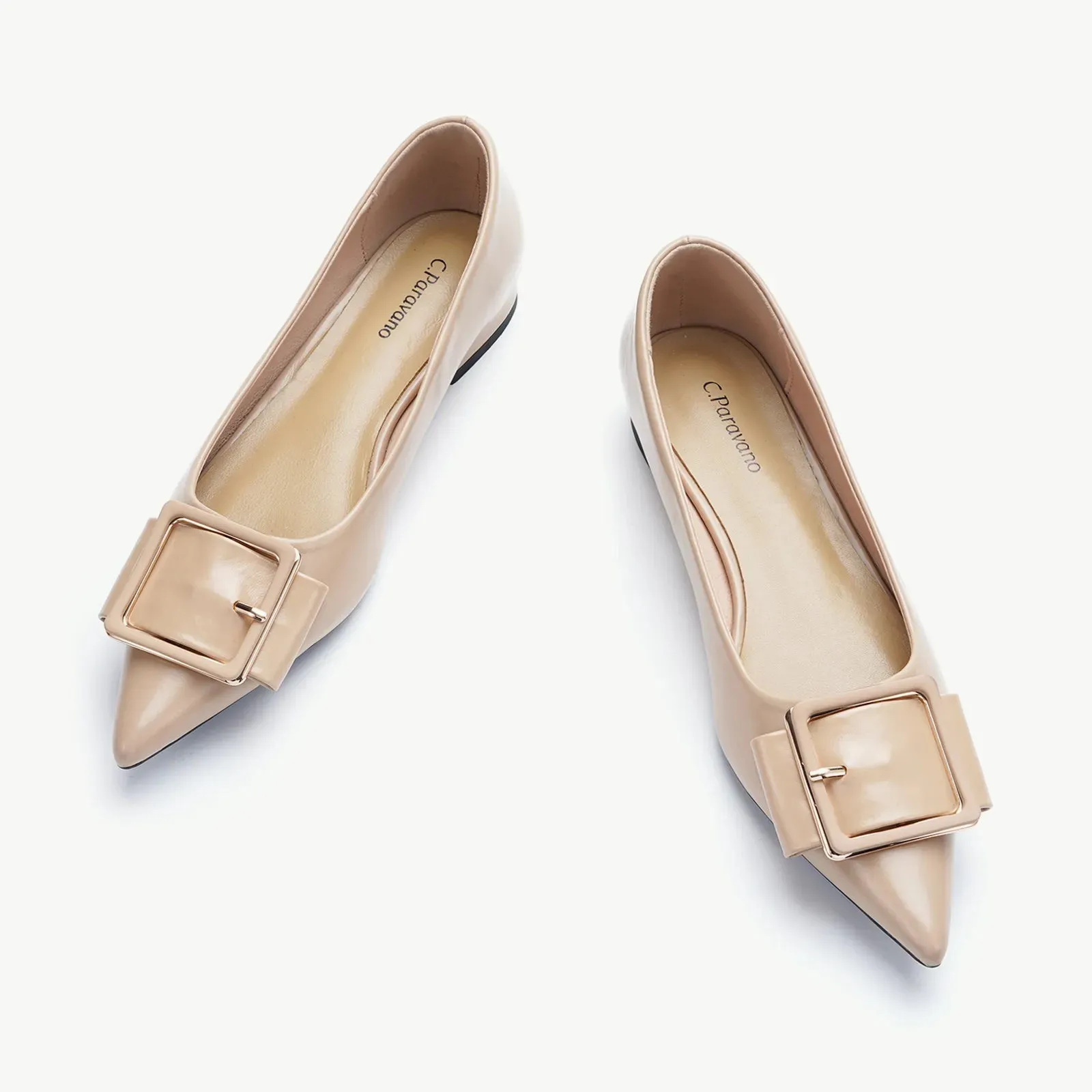 Square Buckle Flats (Aida) Beige