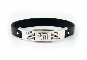 Trendy Retro Leather Chai Pewter Judaic Bracelet