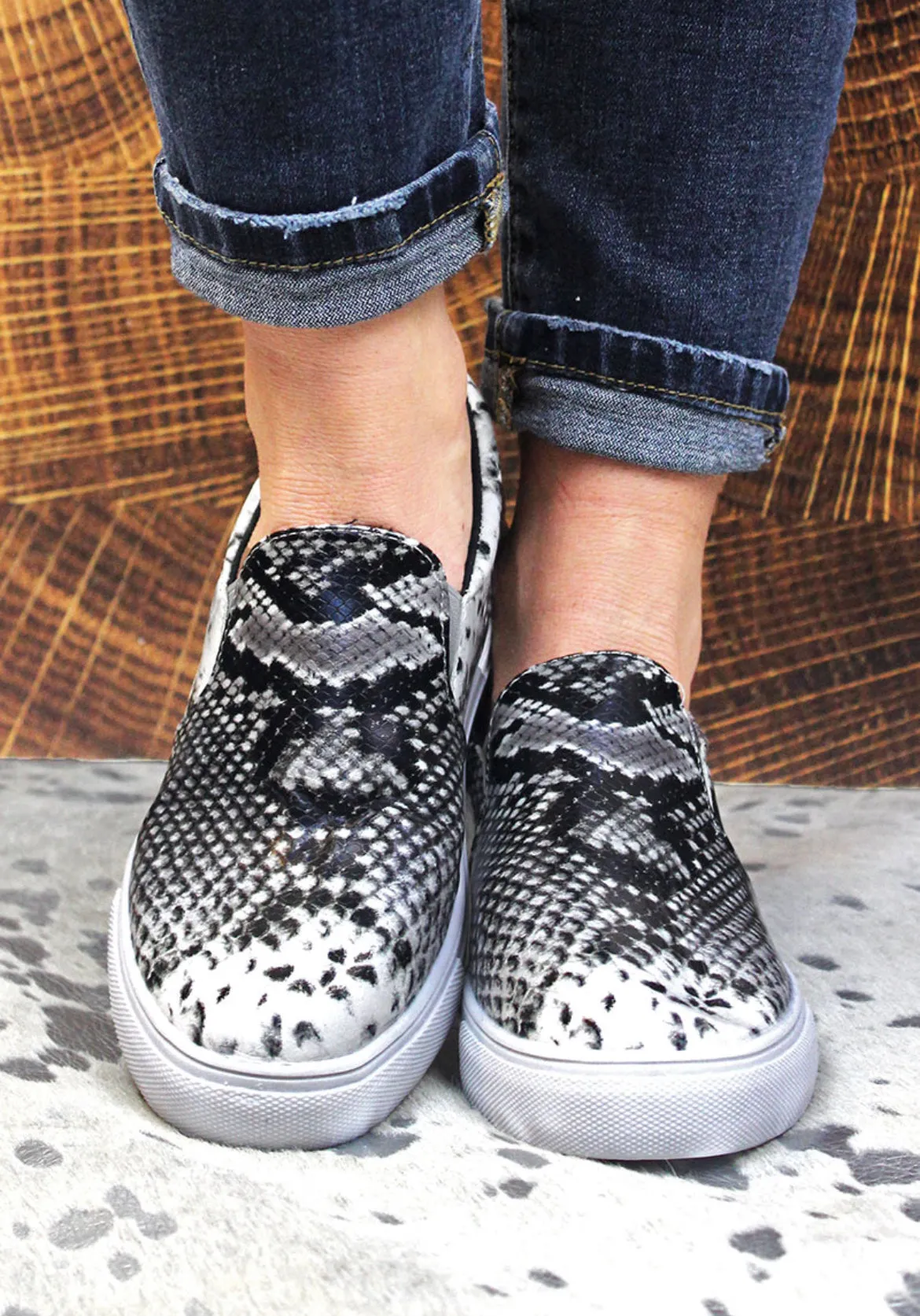 White Snakeskin Slip On Sneakers