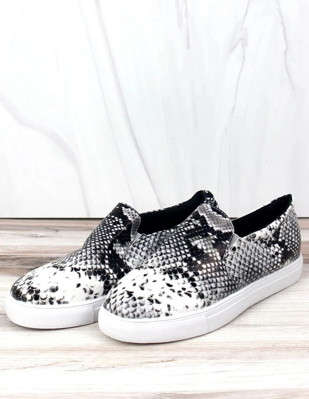 White Snakeskin Slip On Sneakers