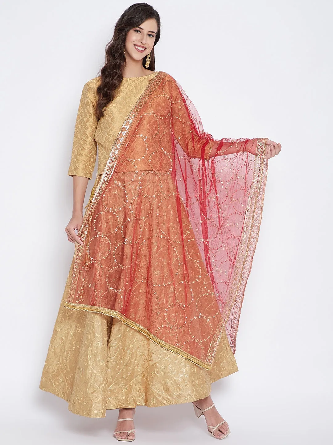 Women Maroon Golden Embellished Net Dupatta