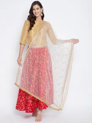 Women White Golden Embellished Net Dupatta