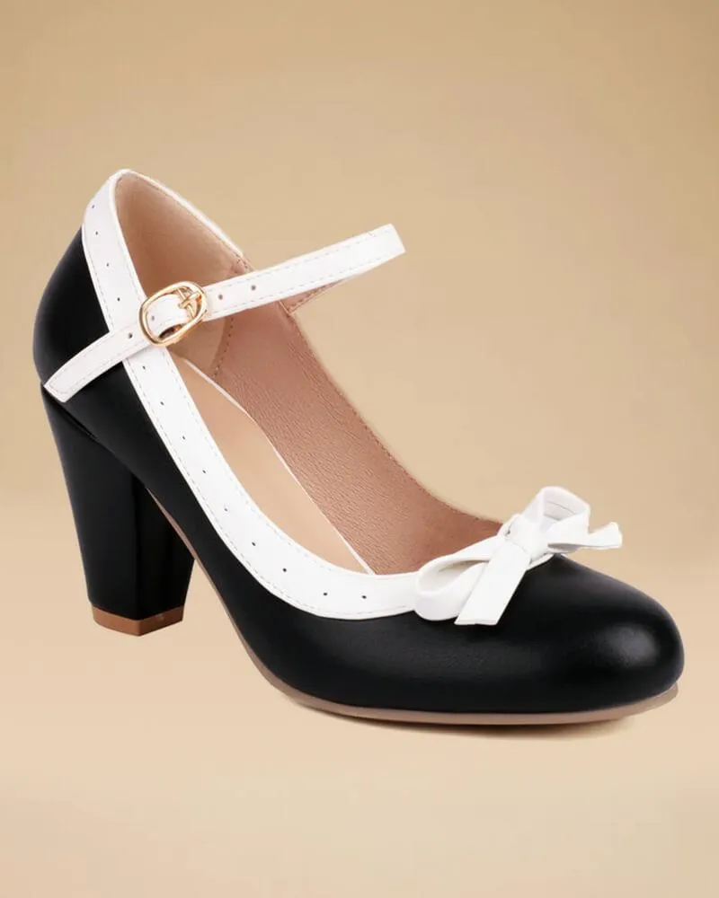 Women's Sweet Round Toe Bow Block 
Heels