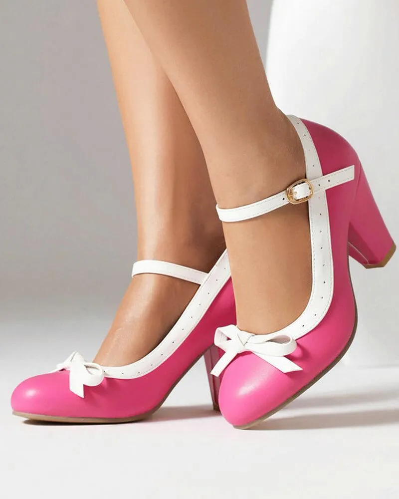 Women's Sweet Round Toe Bow Block 
Heels