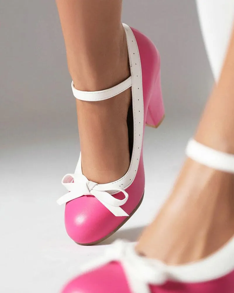 Women's Sweet Round Toe Bow Block 
Heels