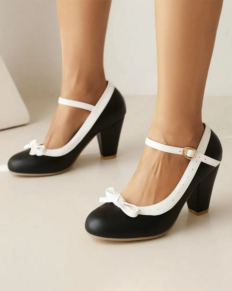 Women's Sweet Round Toe Bow Block 
Heels